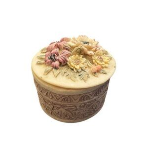 Vintage Round Floral Carved Resin Trinket Box With Lid - Decorative Storage Cont